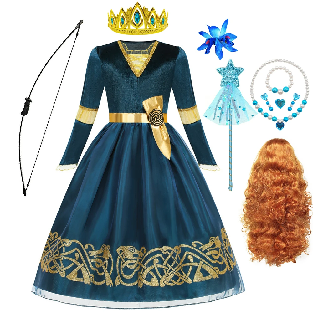 

Платье Мерида для девочек, костюм героини, косплей, наряд принцессы с 3D-принтом, тематическая одежда для вечеринки на Хэллоуин с длинными рукавами