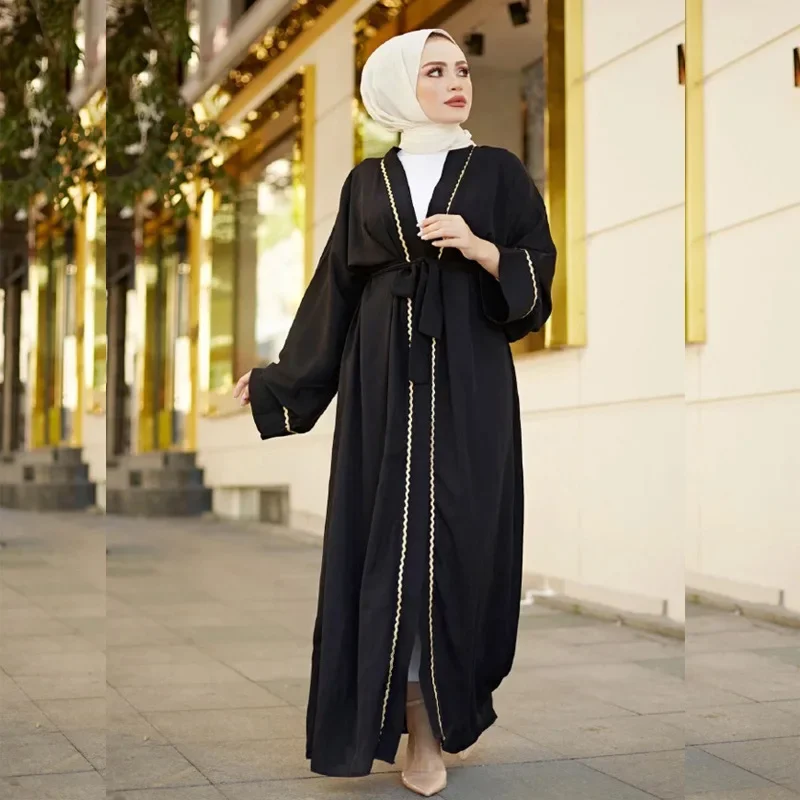 

Muslim Black Abaya Leisure Women Elegant Kaftans Embroidery Cardigan Open Abaya Dubai Turkey Kimono Long Sleeve Dress Spring