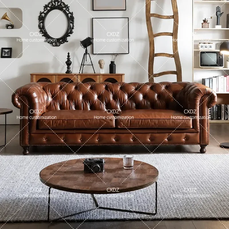 American Retro Straight Row Leather Sofa 3 Seater with Buckle Detail Oil Wax Finish Compact Design for Small Apartment Living