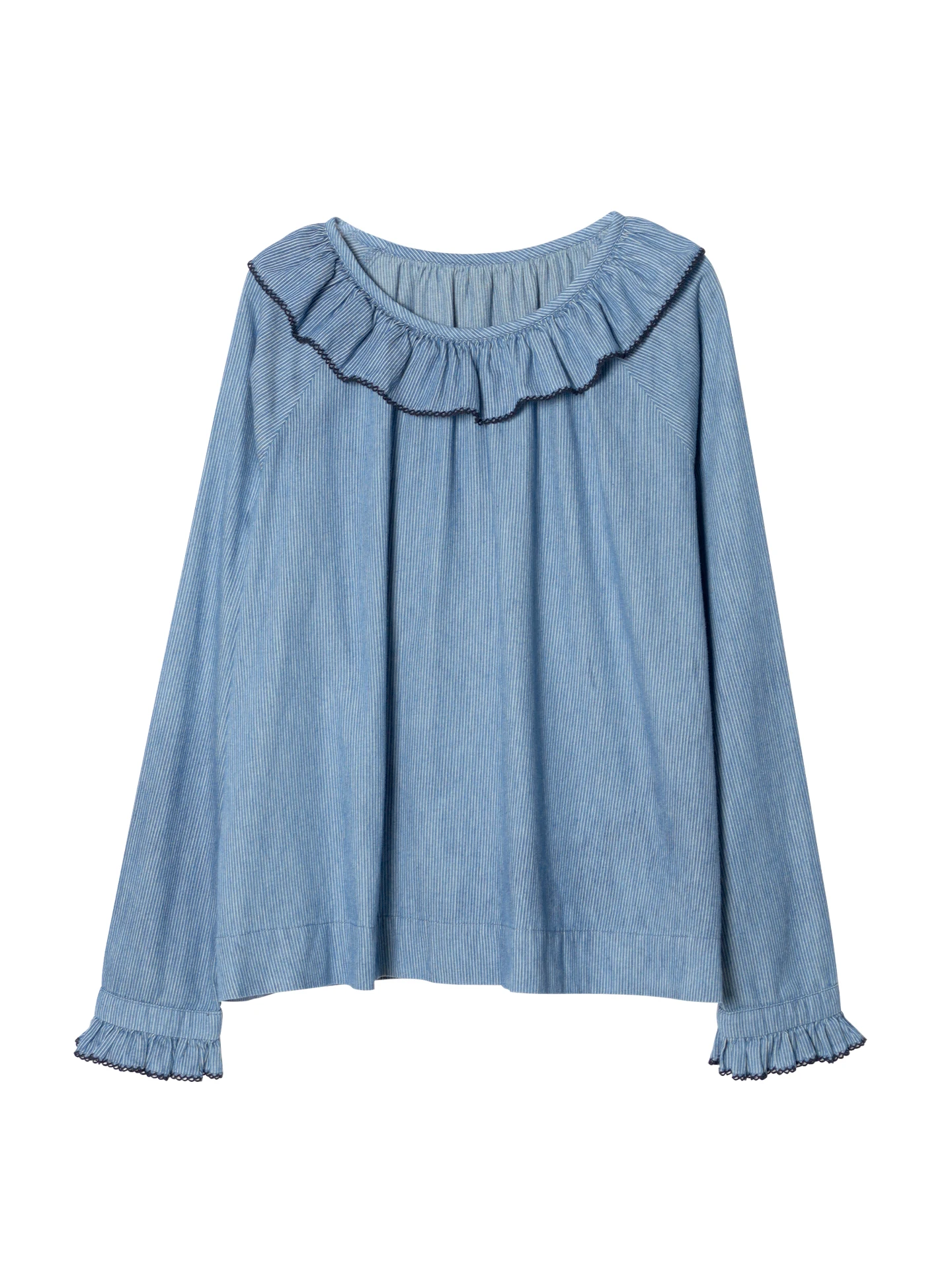imakokoni 2025 Autumn Retro Blue Blouse | French-Style Ruffled Pullover with Long Sleeves for Women 255232