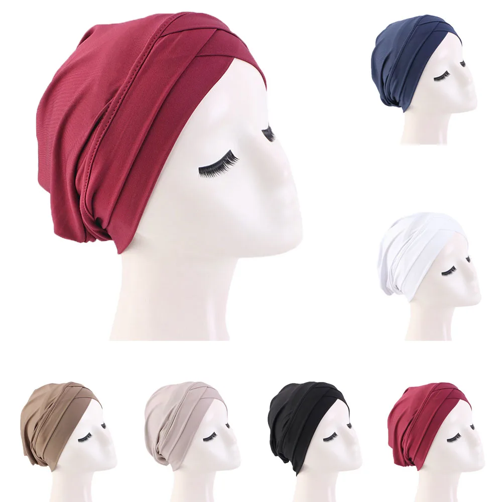 

Forehead Cross Muslim Hijab Turban Pure Color Stretch Inner Hijabs For Caps Ready To Wear Women Head Scarf Under Hijab Bonnet