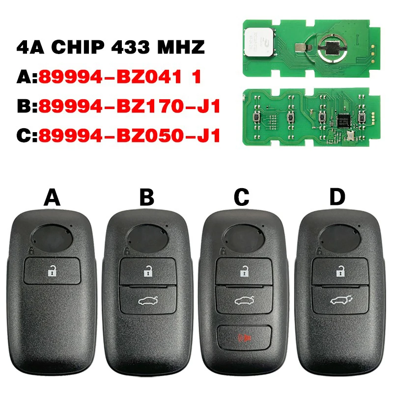

CN007313 Aftermarket 2/3/4 Buttons FCC 89994-BZ041/BZ170/BZ050 4A Chip 433 MHz Keyless Go For Toyota Raize/Yaris Cross