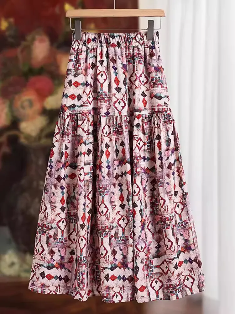 

New Summer Ice Silk Chiffon Skirt Women Fashion Printed High Waist A-line Casual Pleated Midi Skirts Holidays Beach Jupe