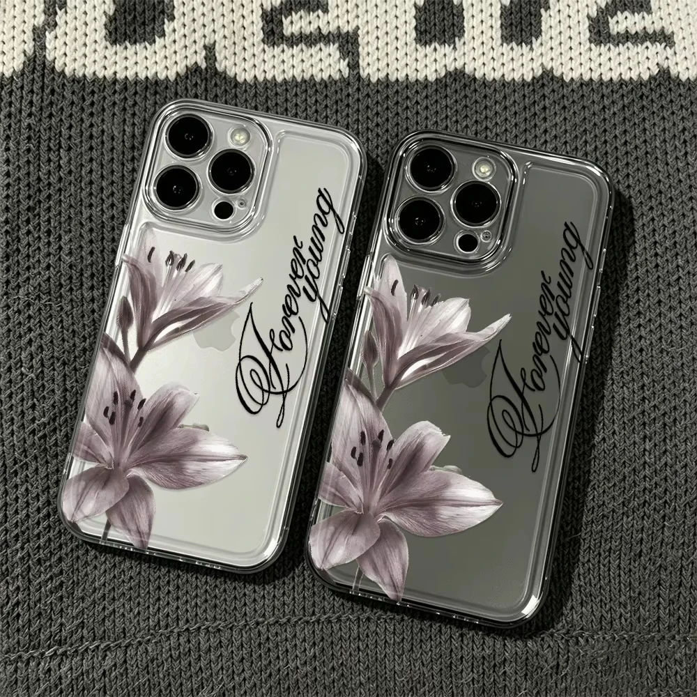 Funda Transparente con Estampado de Lirio Morado Forever Young para iPhone 17 Pro Max 16 15 Pro 14 13 12 11 XR X 17Air 16 Plus, Funda de Silicona