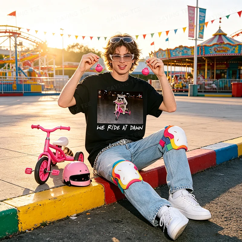 We Ride At Dawn Lustiges Waschbär auf Dreirad reitendes chaotisches Meme-T-Shirt Y2k Humor Tierkunst Niedliches Spruch-T-Shirt Personalisierte Streetwear – Detail 4