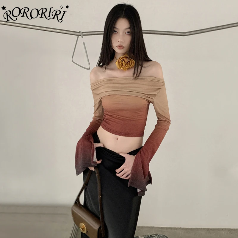 

RORORIRI Retro Red Gradient Long Sleeves T-shirt Women Y2k Aesthetic Tie Dye Off-shoulder Crop Top Harajuku Grayu Y2k Undershirt