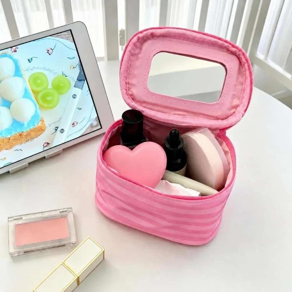 Pink Stripe Makeup Bag Handheld Large Capacity Toiletry Bag with Mirror Lightweight Cosmetic Storage Bag Makeup Organizer
