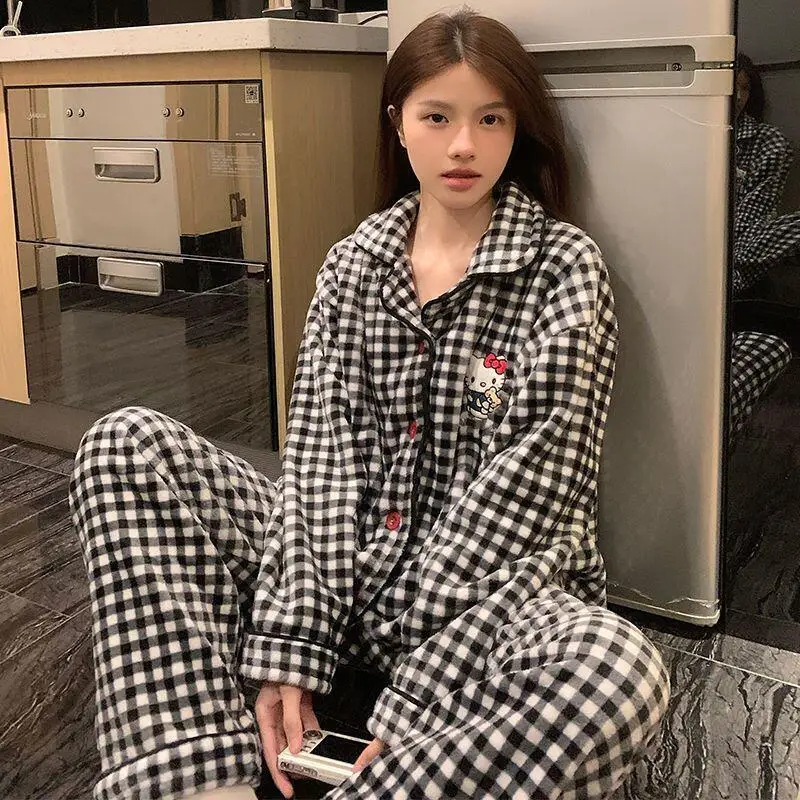 Hello Kitty Coral Velvet Pajamas for Women Winter Plus Velvet Thickening Student Warm Flannel Two-Piece Home Clothes Cartoon