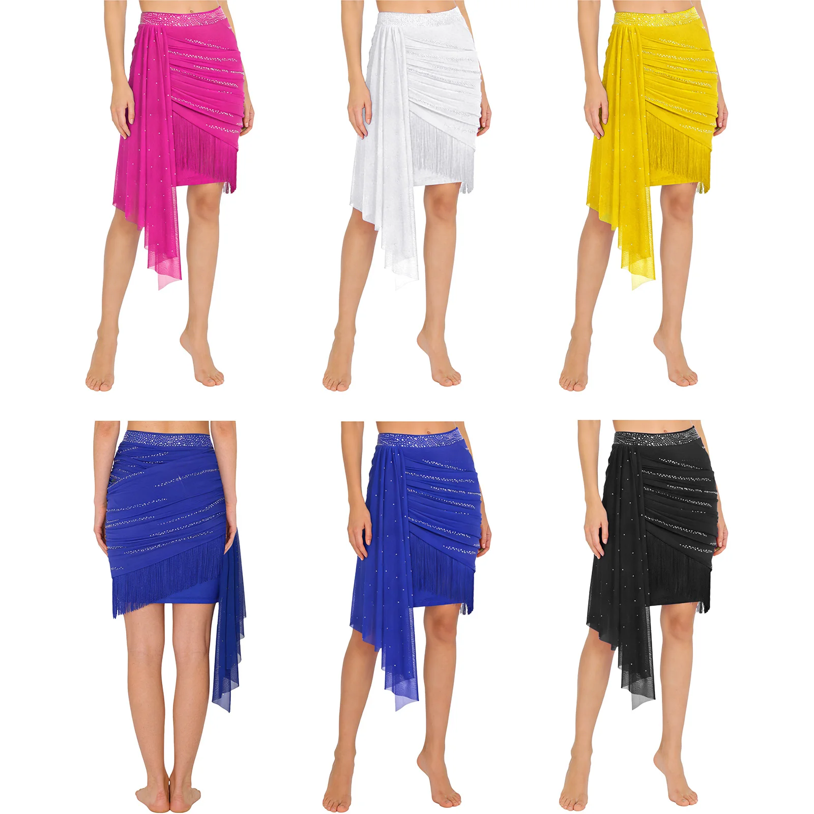 Women Rhinestones Tassels Salsa Latin Cha-cha Dance Performance Skirt Mesh Drape Ruched Fringe Skirt for Latin Samba Dance Wear