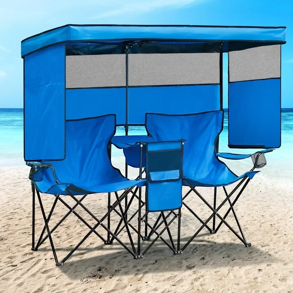 

Double Camping Chair With Canopy Shade Beach Chairs With Cup Holder Heavy Duty Folding for Outside Lawn Patio Chaise De Plage