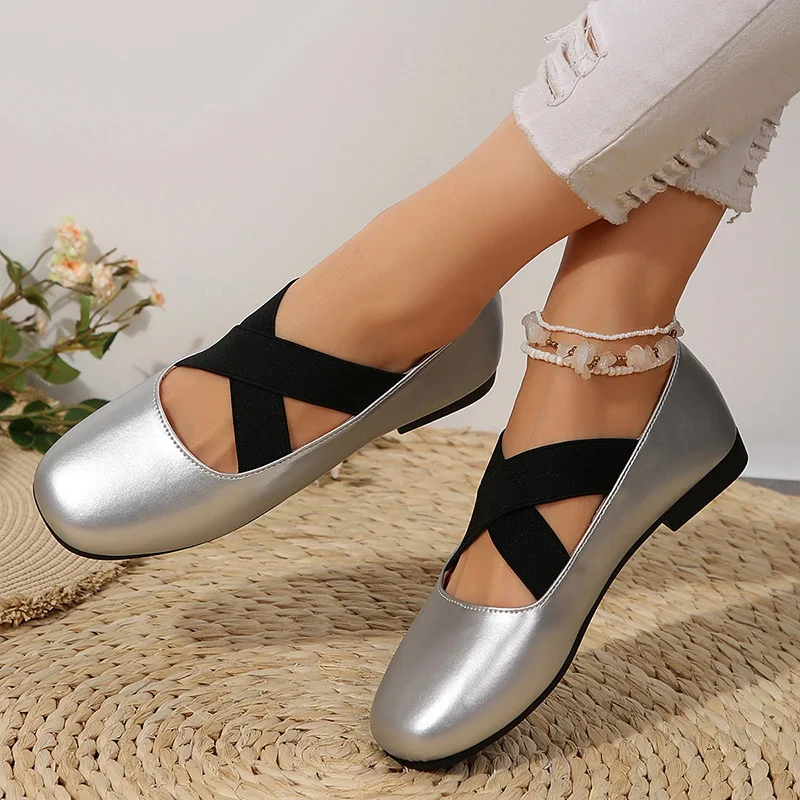 Size 36-42 Women Ballet Flats Thin Leather Scoop Shoes Cross Elastic Bands Casual Loafers Lady Soft Soles Comfortable Work Shoes