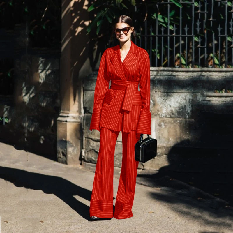 Traje de dos piezas con cinturón de tela a rayas para mujer, conjuntos de pantalones de fiesta cómodos, moda informal, botonadura única, pantalones