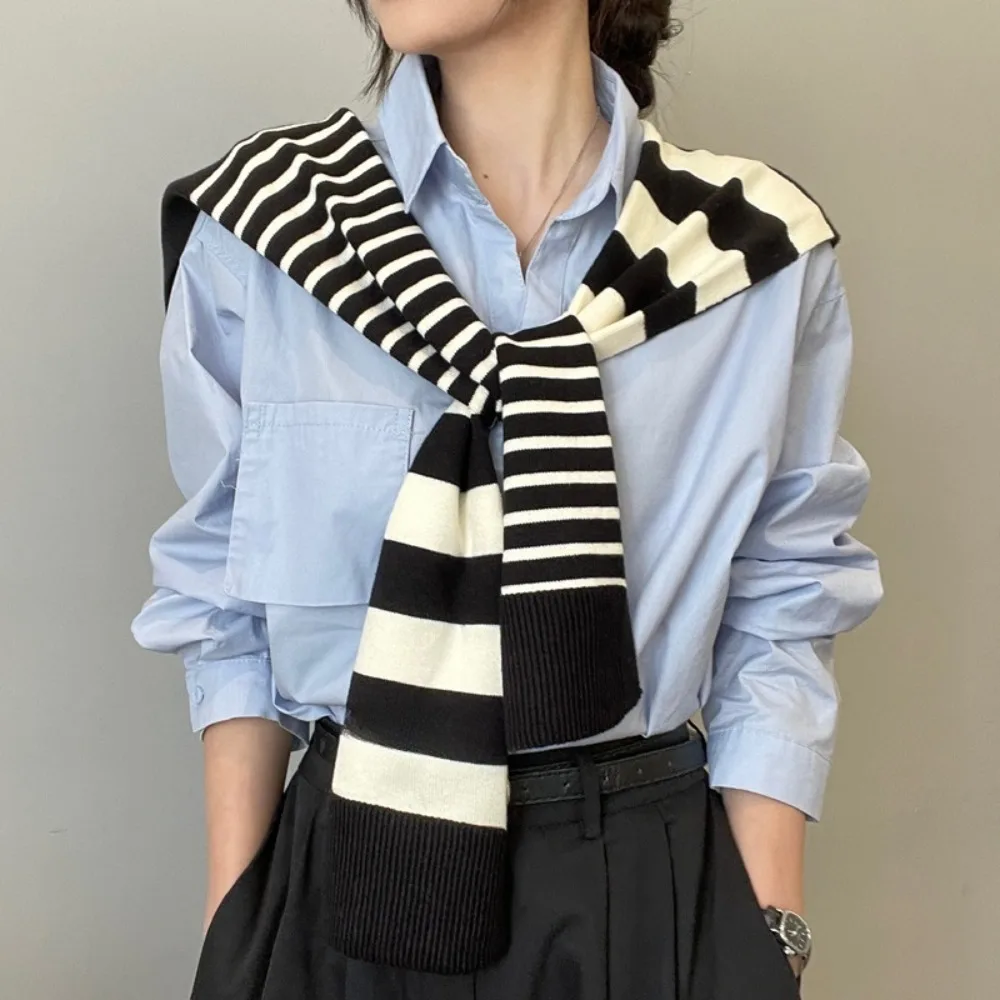 

Fashion Sunscreen Men Knitted Shawl Wraps Korean Style Asymmetry Stripe Scarf Knotted Cloak Fake Collar Wraps Blouse