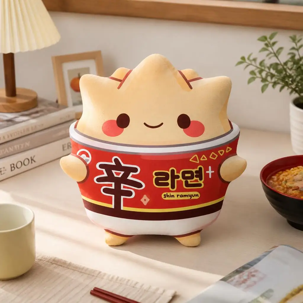 Red Kawaii Korean Ramen Noodle Cup Stuffed Throw Pillow Instant Noodles Cushion for Sofa or Kitchen Home Decor Food Lover Gift