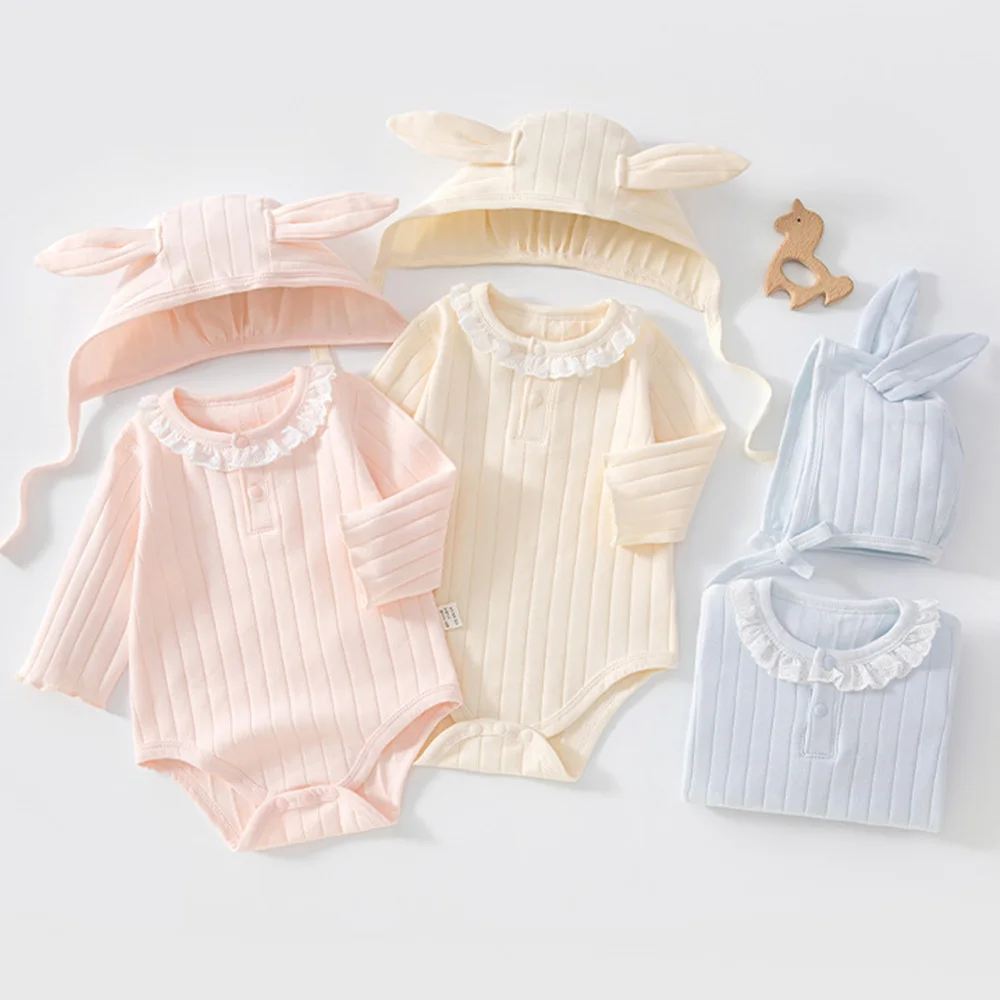 

Baby Bodysuit Long Sleeve Solid Color Cotton Spring Fall Newborn Baby Clothing With Hat Unisex Baby Rompers For Boys Girls
