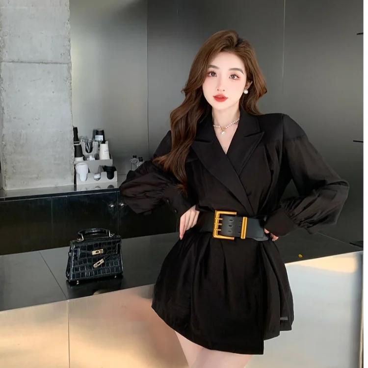 Woherb Temperament Robe Femme Turn Down Collar Belt Woman Dress Slim Waist A-line Vintage Vestido 2024 Korean Chic Solid Dresses