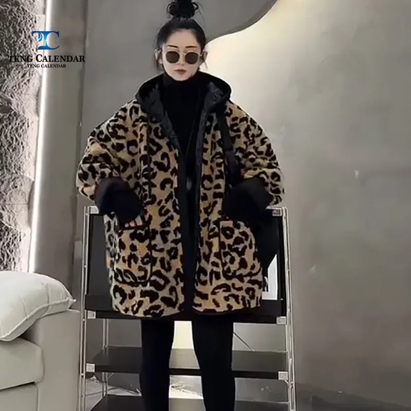 Popular European Leopard Print Lamb Wool Jacket, Loose and Warm Casual Hooded Mid Length Cotton Jacket, Winter 2024 New Model