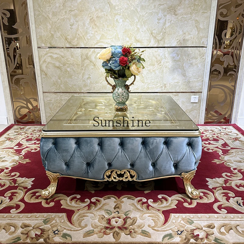 

French solid wood luxury square large coffee table neoclassical tempered glass living room furniture