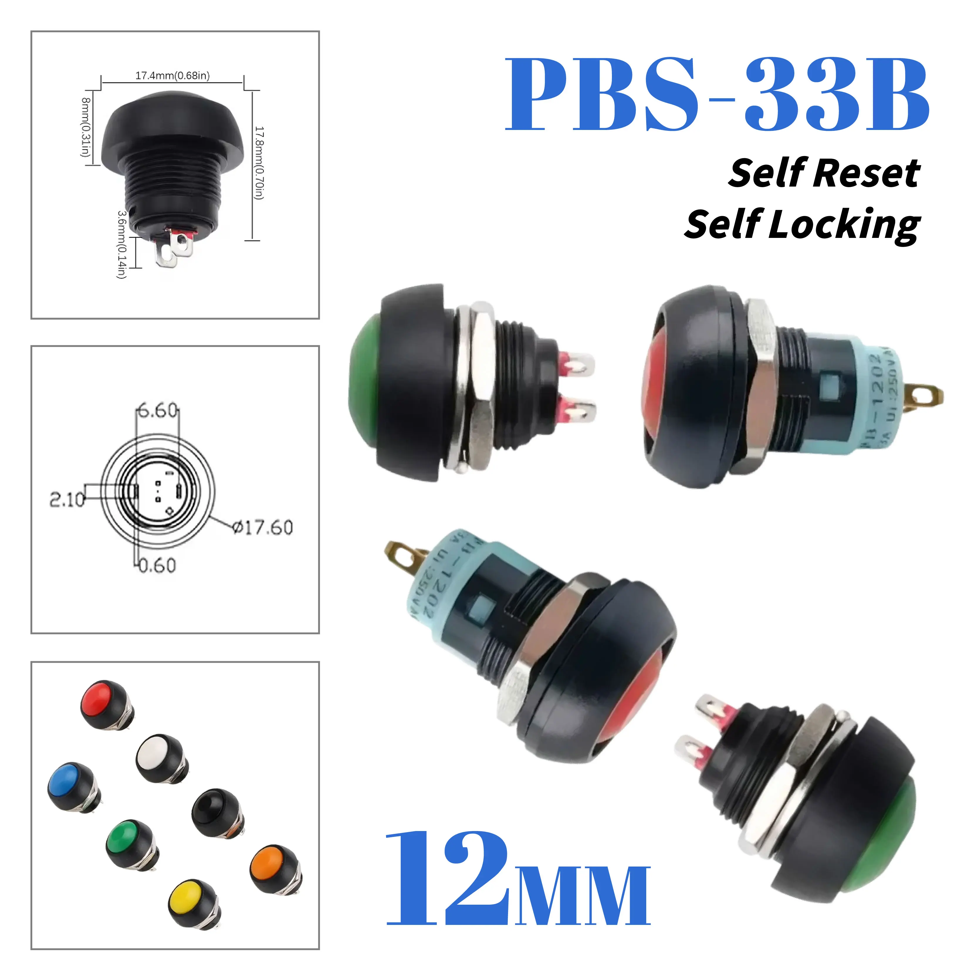 

5Pcs PBS-33B 12mm Mini Round Head Plastic Momentary Push Button Switch Self-reset Self-locking 7Colors