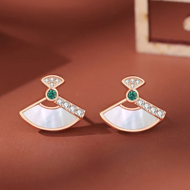 RYJ 925 Sterling Silver Fan Shaped Enamel Stud Earrings for Women Sparkling Emerald Earring Dainty Trendy Chinese Style Jewelry