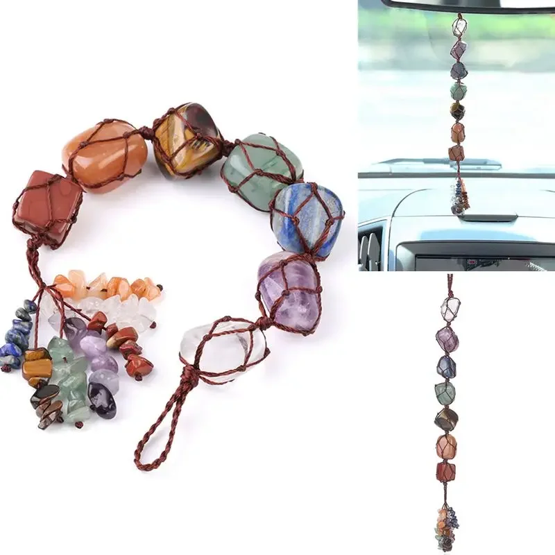 7 Colors Chakra Gemstone Car Pendant Home Hanging Ornament Natural Stone Tassel Spiritual Meditation Auto Interior Decoration