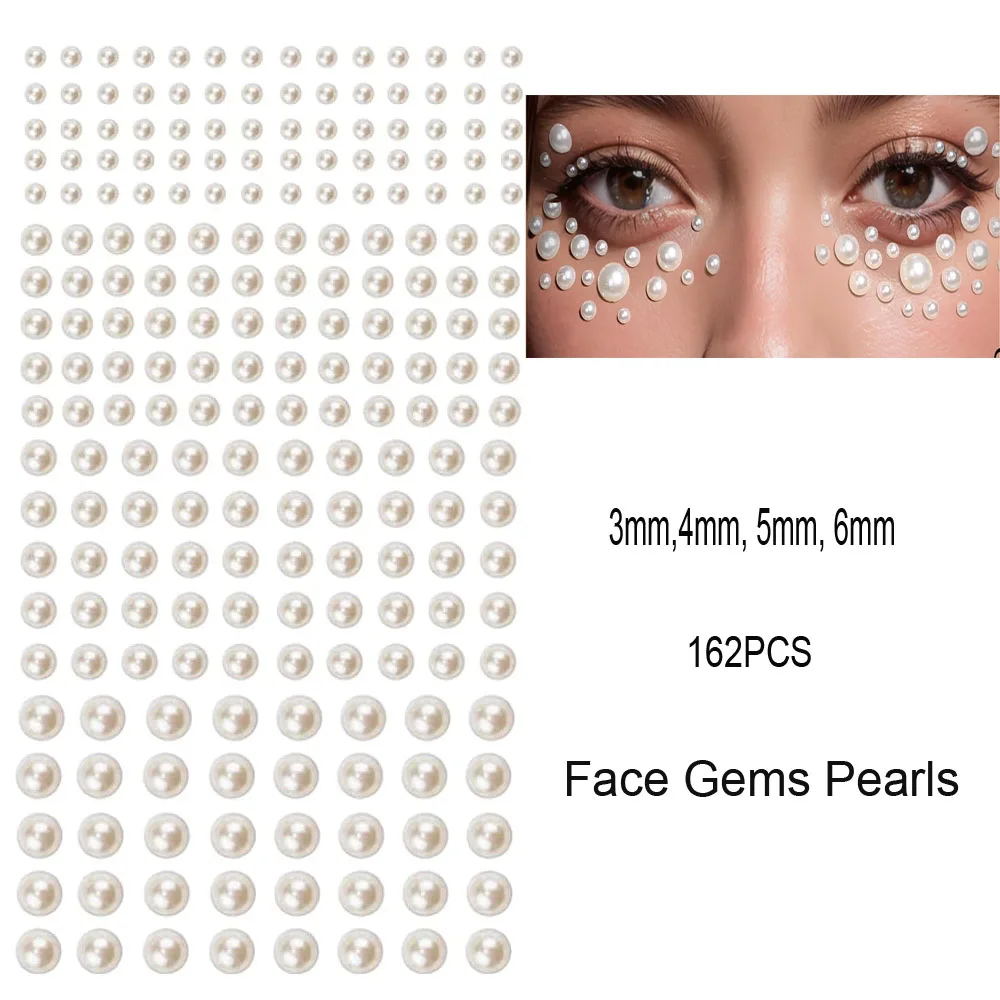 162pcs Mix 3mm/4mm/5mm/6mm Pearls Stick on Self Adhesive Rhinestones Stickers Pearls Gems Stickers for Face Makeup DIY Crafts *^