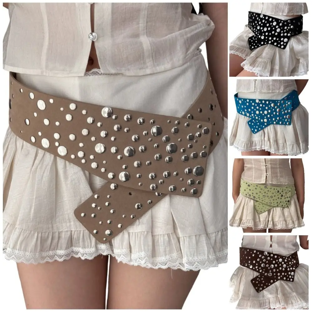 Jeans Belt PU Leather Rivets Extra Wide Belt Y2K Exaggerated Studded Wide Waistband Punk Gothic Spice Girls Belt Concert