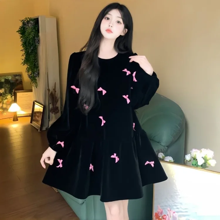 Korejepo Hepburn Style O Neck Bubble Sleeve Velvet Dress Women Autumn Winter Women Clothing Age Reducing Bow Black Short Dresses