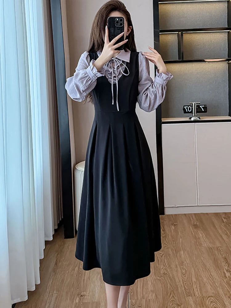 Robe longue noire en Patchwork pour femmes, manches longues, col Polo, avec nœud, élégante, moulante, Vintage coréenne, automne hiver, 2025