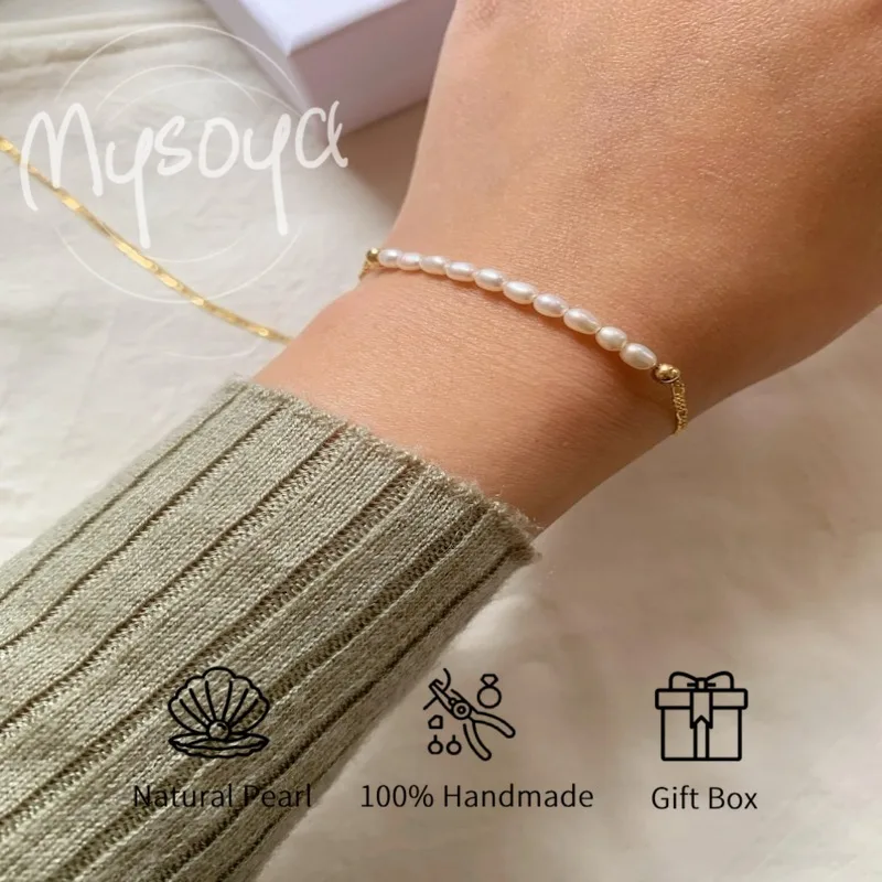 

MYSOYA браслет из белого рисового пресноводного жемчуга 2-3 мм с подарочной коробкой для нее/нячего дня рождения/свадьбы/Рождества/новогоднего подарка