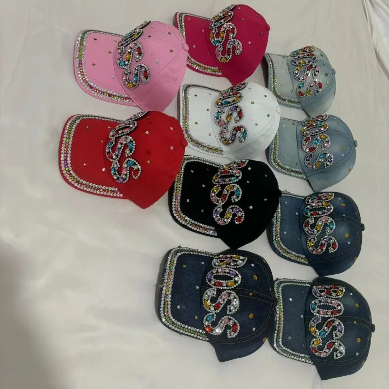 2025 جديد الماس رصع رسالة BOSS قبعة بيسبول الدنيم مع ثقوب ، تنوعا في الهواء الطلق ظلة وقبعة الحماية من الشمس للنساء