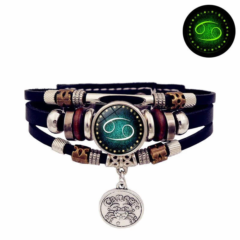 Starry Sky Zodiac Luminous Leather Bracelet Multi-layered Beaded Leather Men's Snap Closure Women Bracelet Friendship Bracelets