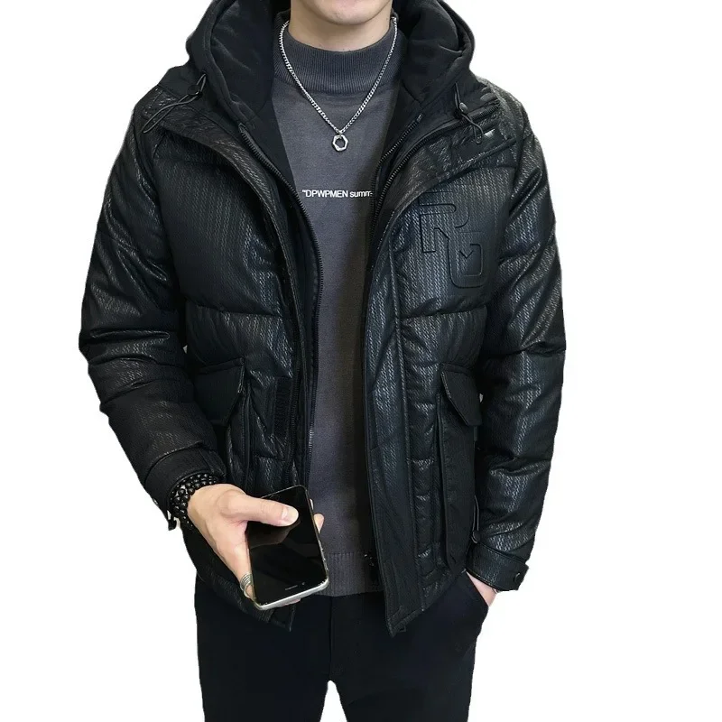 Luxury PU Leather Down Jacket Men Winter Warm White Duck Down Coat Windproof Jacket Hooded Short Tops Long Sleeve Jackets Trends