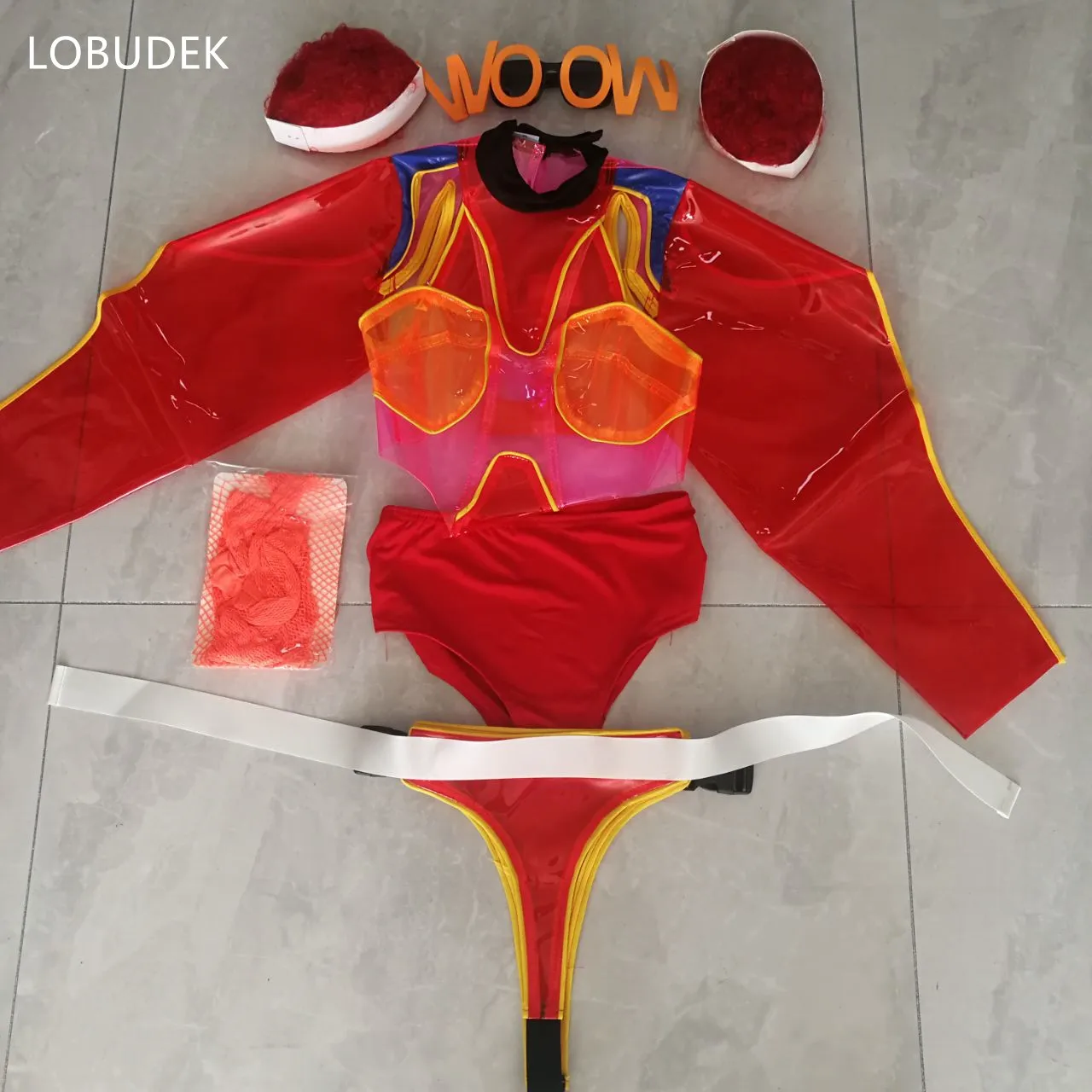 Nightclub Bar Female Singer DJ Jazz Dance Costumes Red Transparent Bodysuit Future Technology Sexy Stage Performance Clothes