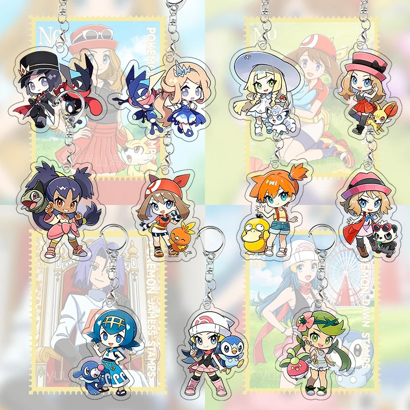 

Trainer Diantha Acrylic Keychains Serena Lillie Lana Dawn Kawaii Keyring Cartoon Decoration Accessories Game Key Charms Gift