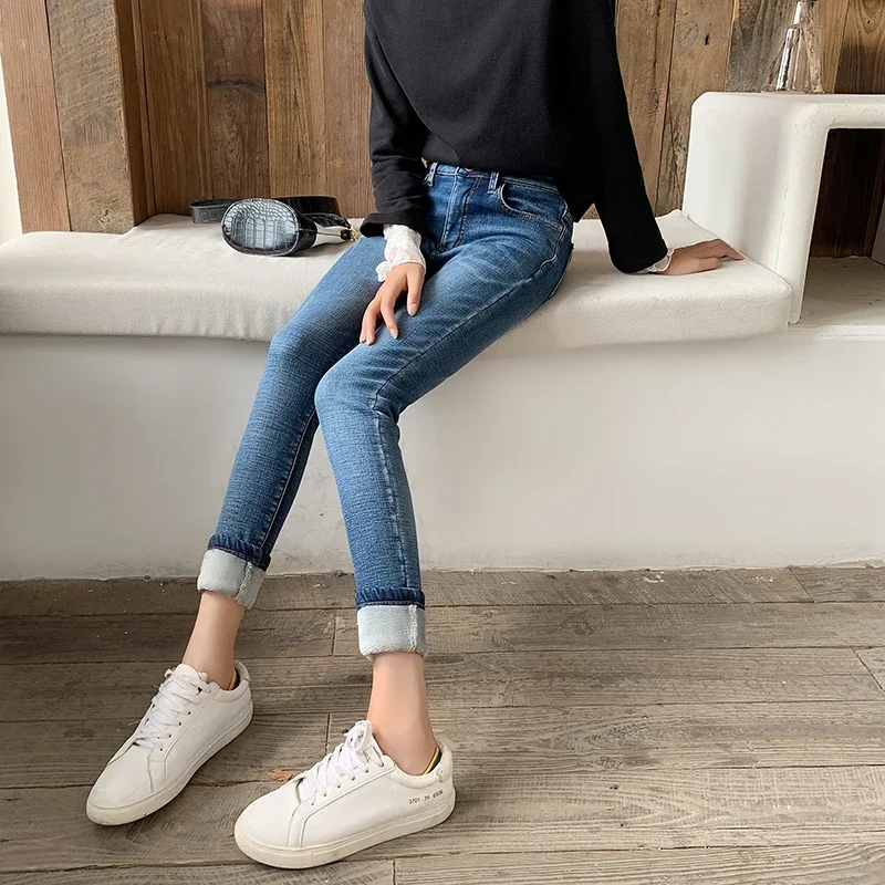 Women's Winter Thickening and Velvet Fashion Skinny Jeans High-waist Slim Stretch Ladies Fleece Warmth Casual Denim Pencil Pants