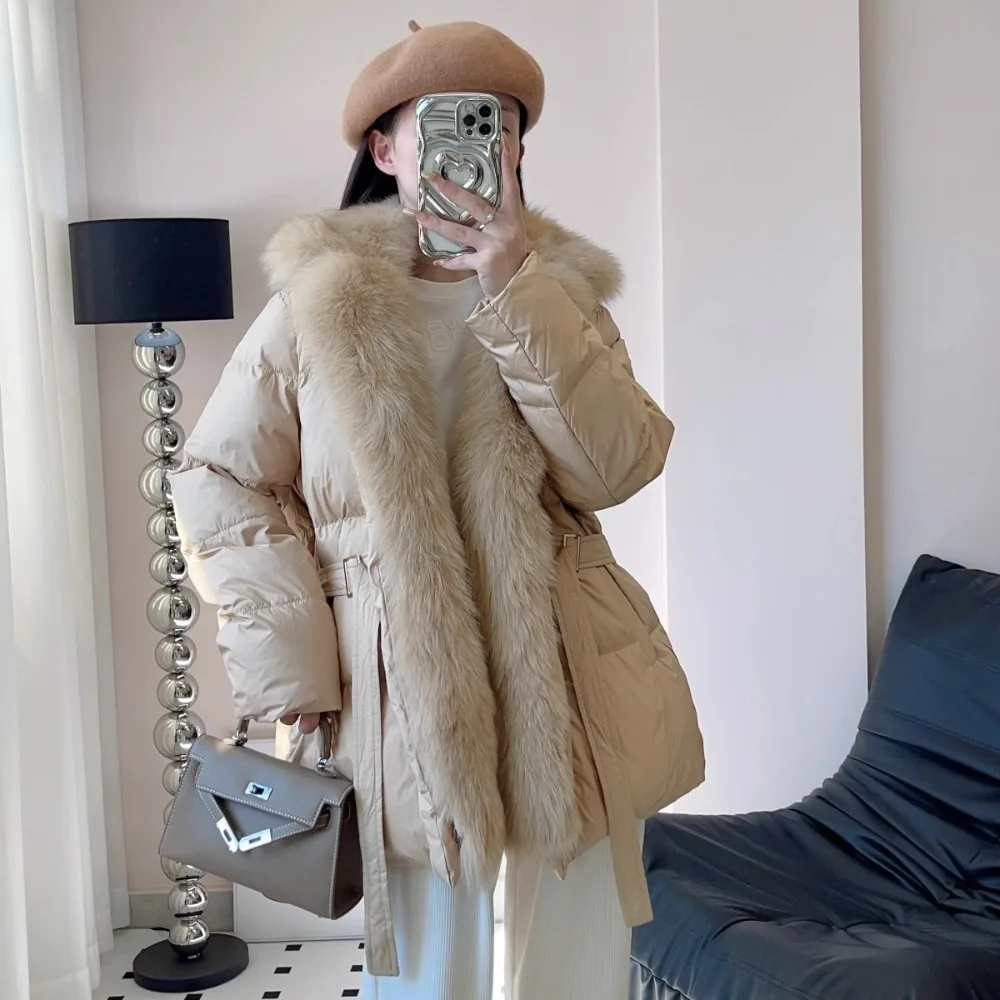 Down Jacket Women New Luxury Natural Fox Fur Collar White Goose Down Coat Warm Parkas Slim Coat Belt Outwear Female Winter