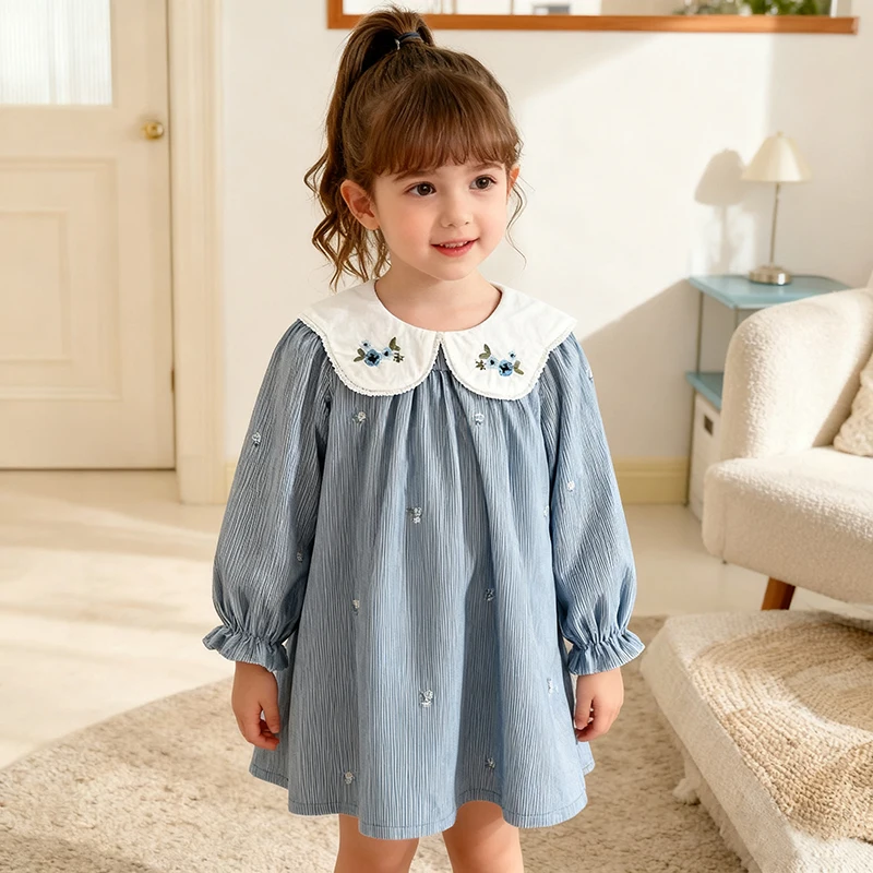 1-6Y Autumn New Girls Dress Neck Embroidered Flowers Dress Spring Cute Doll Children's Girls Long Sleeve Princess Fashion Dress