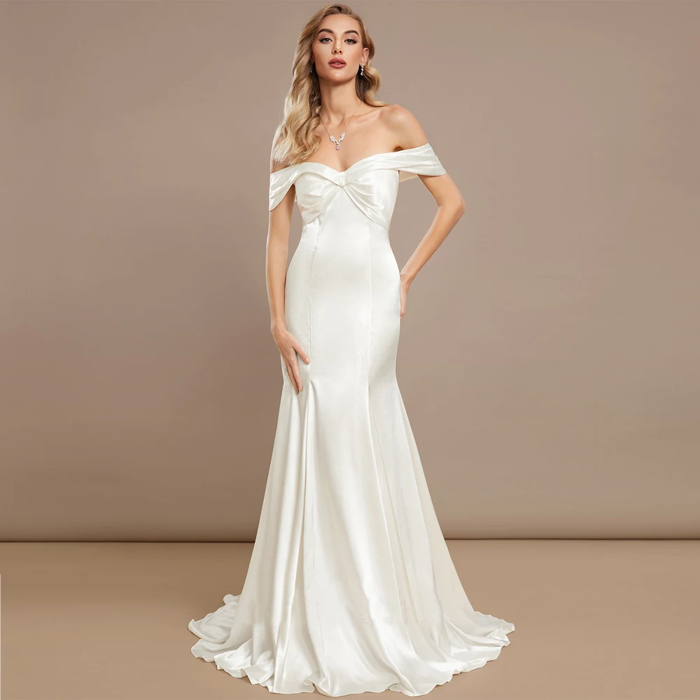 

Simple Sweetheart Neck Wedding Dresses Off The Shoulder Floor Length Zipper Bridal Grown Satin Mermaid Pleat Vestido De Noiva