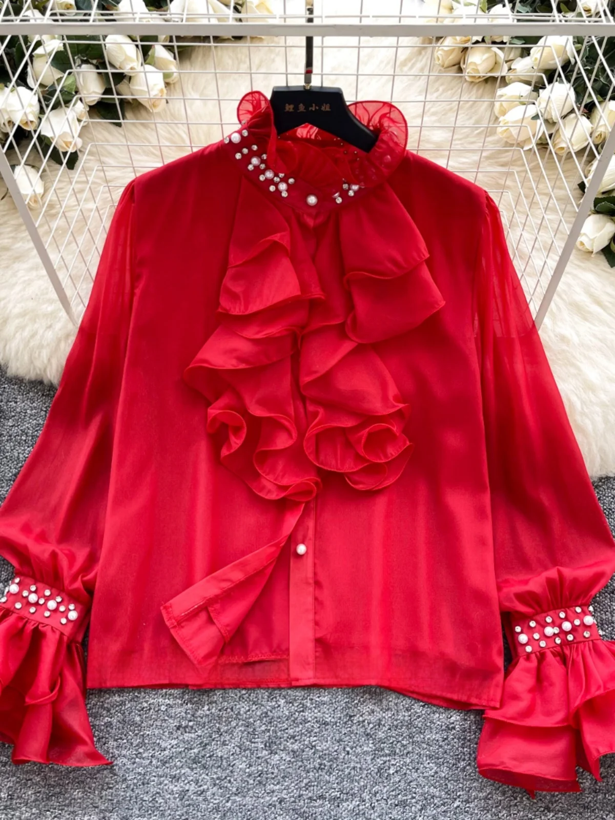 

Элегантная женская рубашка свободного кроя с воротником-стойкой, кружевной отделкой и дизайном с ромбовидным узором, в корейском стиле, из дышащего полиэфирного волокна, с длинными рукавами.