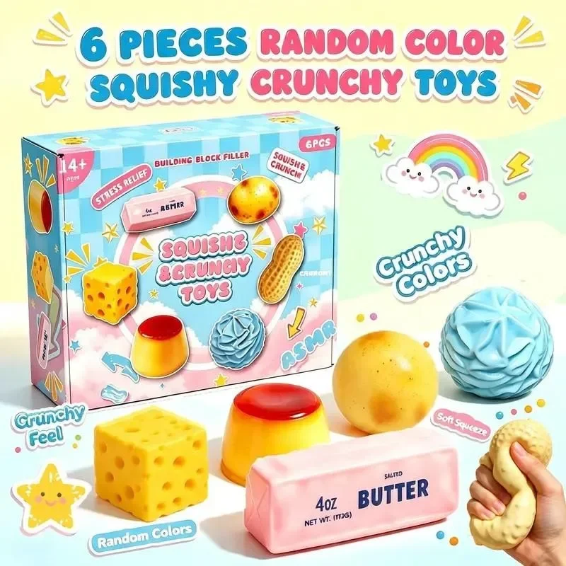 6/Piece Random Crispy Soft Stress Relief Toy Set, Asmr Squeezing Sensory Relaxation, Party Gifts, Novelty Presents Crunchy