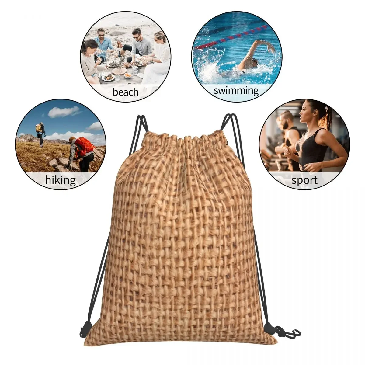 Braided Rattan Wood Wicker Backpacks Portable Drawstring Bags Drawstring Bundle Pocket Sports Bag BookBag For Travel Students