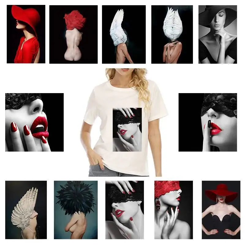 Iron On Patches Art Creation Photo Fashion Veil Female Print Stripe Thermal Transfer Fusible Vinyl Washing Sticker