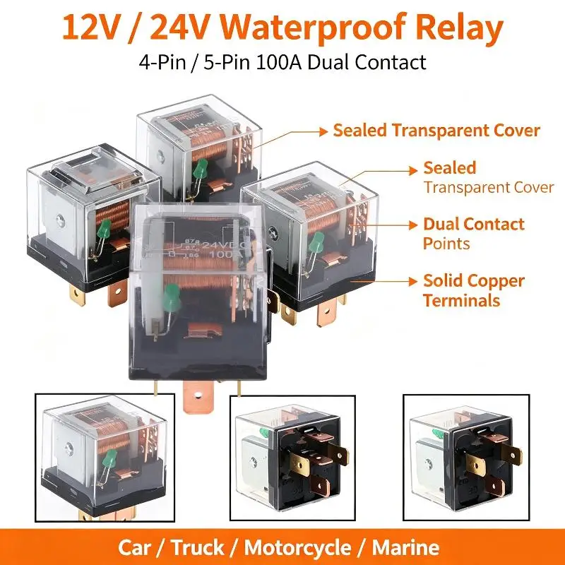 Car Relay Durable 100A 5Pin SPDT Waterproof 12V-24V High Capacity Switch for Vehicle Circuit Control