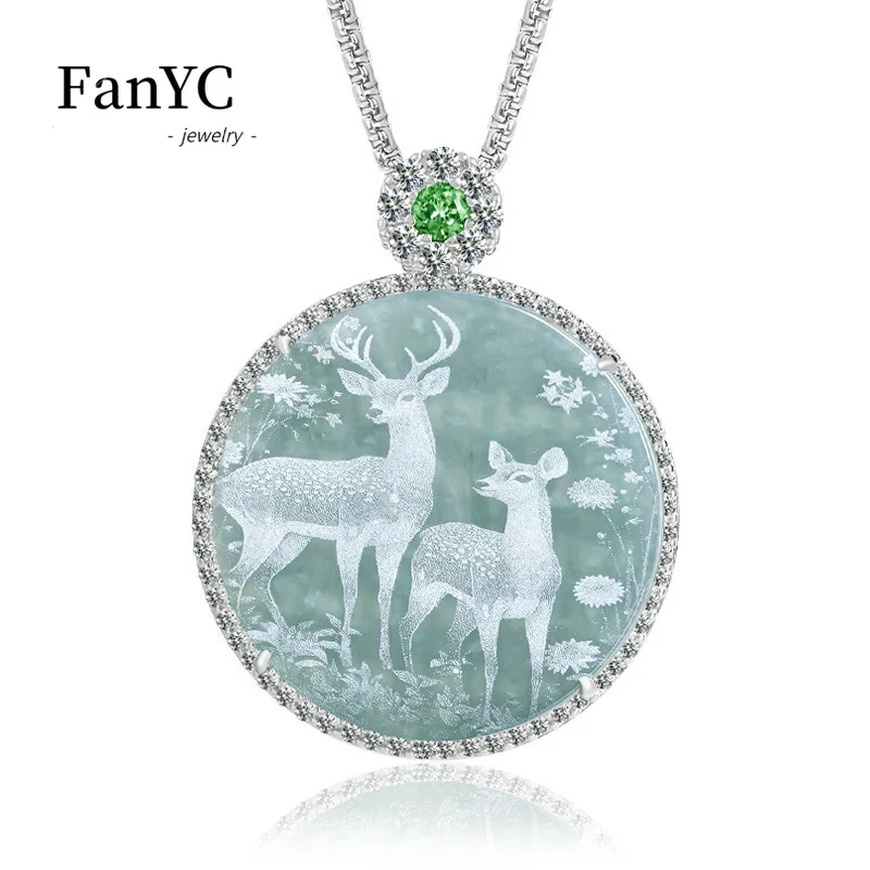 

Myanmar Jadeite Blue Water Shadow Carving All The Way with You Pendant Copper Inlaid Exquisite Ice Jade Necklace Men &Women Gift