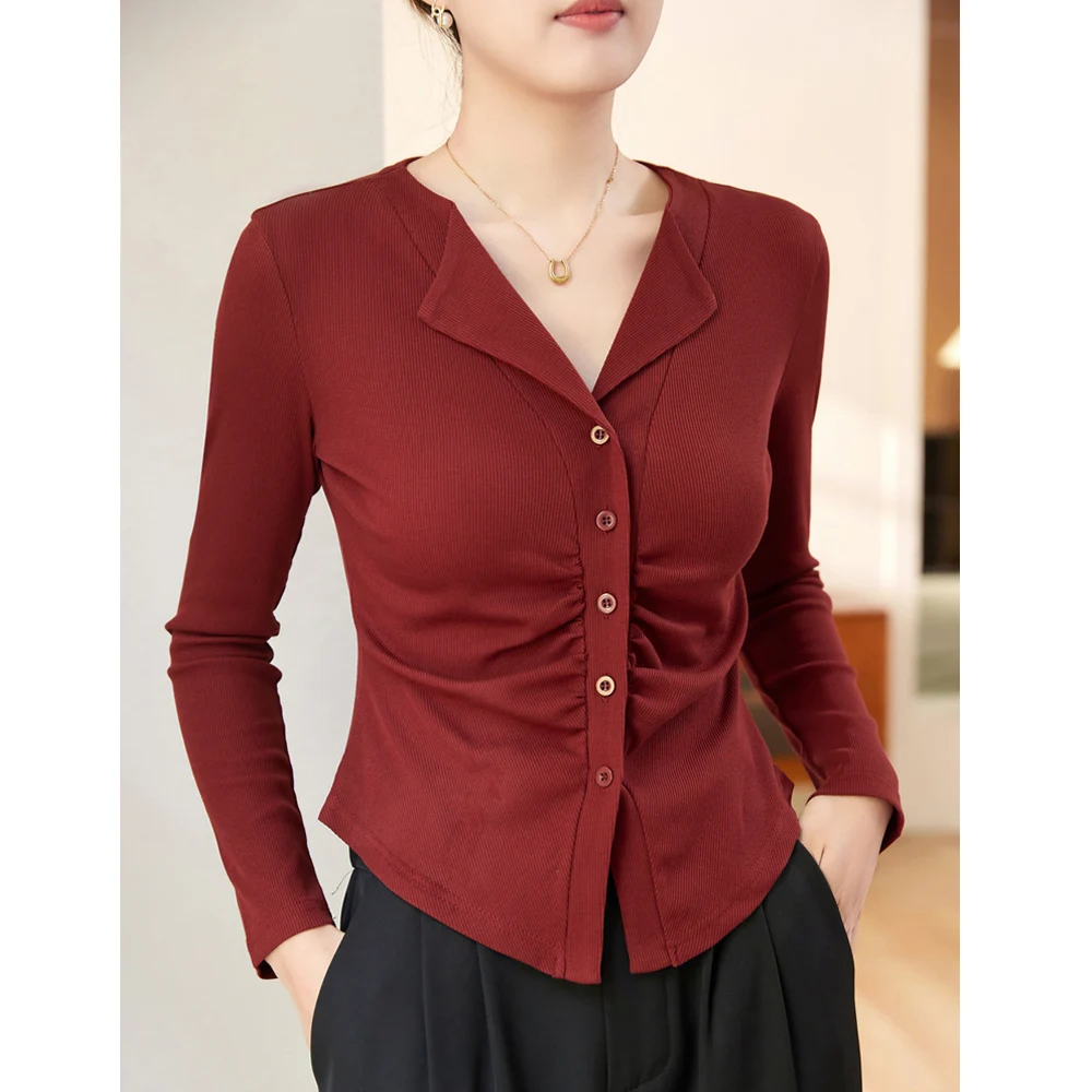 

Korean style red long sleeved women's T-shirt autumn new high-end cotton fashionable loose V-neck casual top