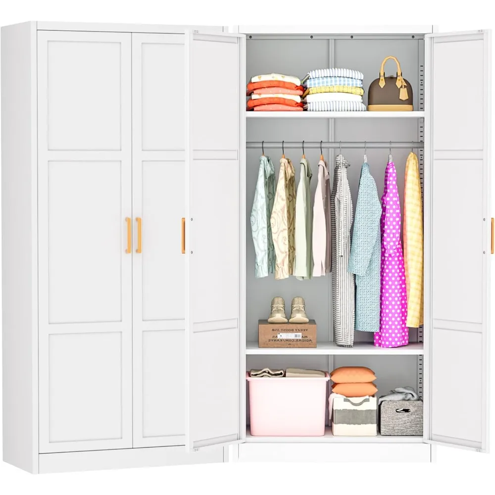 

Metal Wardrobe Cabinet with Wooden Handle, 72" Metal Wardrobe Closet with Hanging Rods and Adjustable Shelves, Clothing Storage