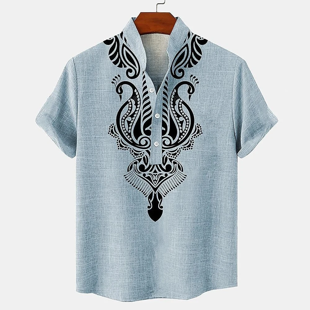 

Retro Cotton And Linen Henley Shirts Men's Fashion Oversized Button Stand Collar Short Sleeve T Shirt Hawaii Male Tees Tops 5XL