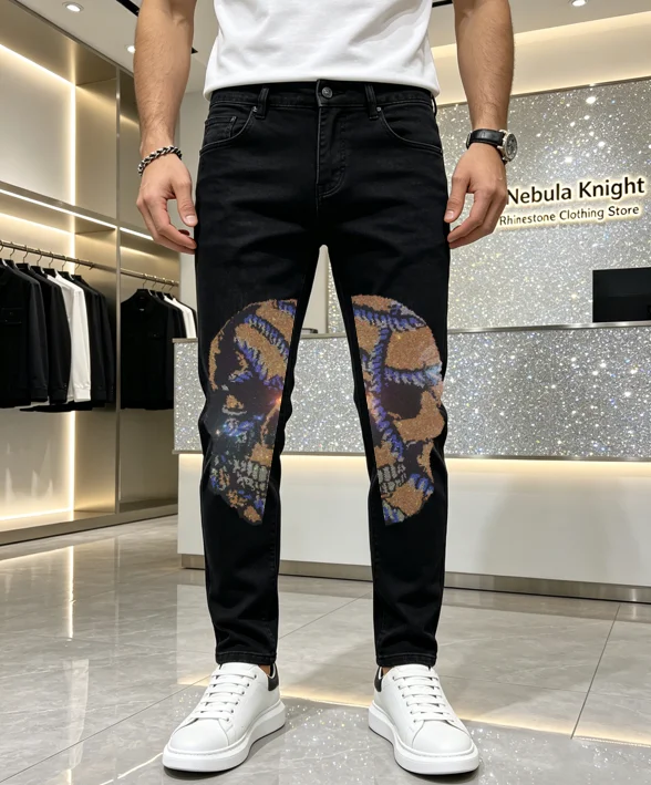 Trendy Mens Rhinestone Stretch Jeans Summer Breathable Elastic Denim Pants Daily Street Outfits