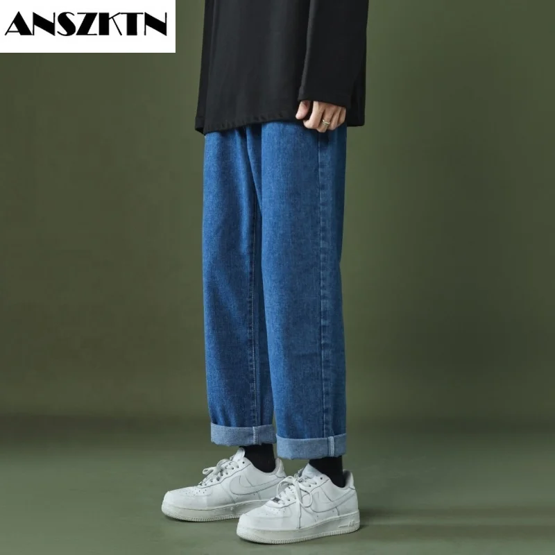 ANSZKTN Jeans Pria Uniseks Celana Jeans Denim Ukuran Plus Tertekan Katun Warna Solid Dicuci Longgar Kaki Lebar Lurus